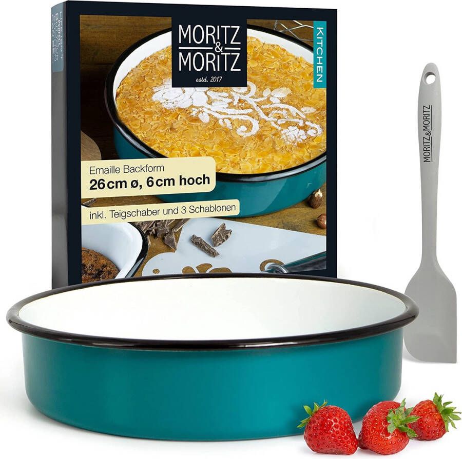 Moritz Moritz & Moritz Cake vorm 26cm rond email bakvorm rond voor cake en taarten ook als emaille kom voor salade Incl. deegschraper 3 decoratieve sjablonen en receptenboekje