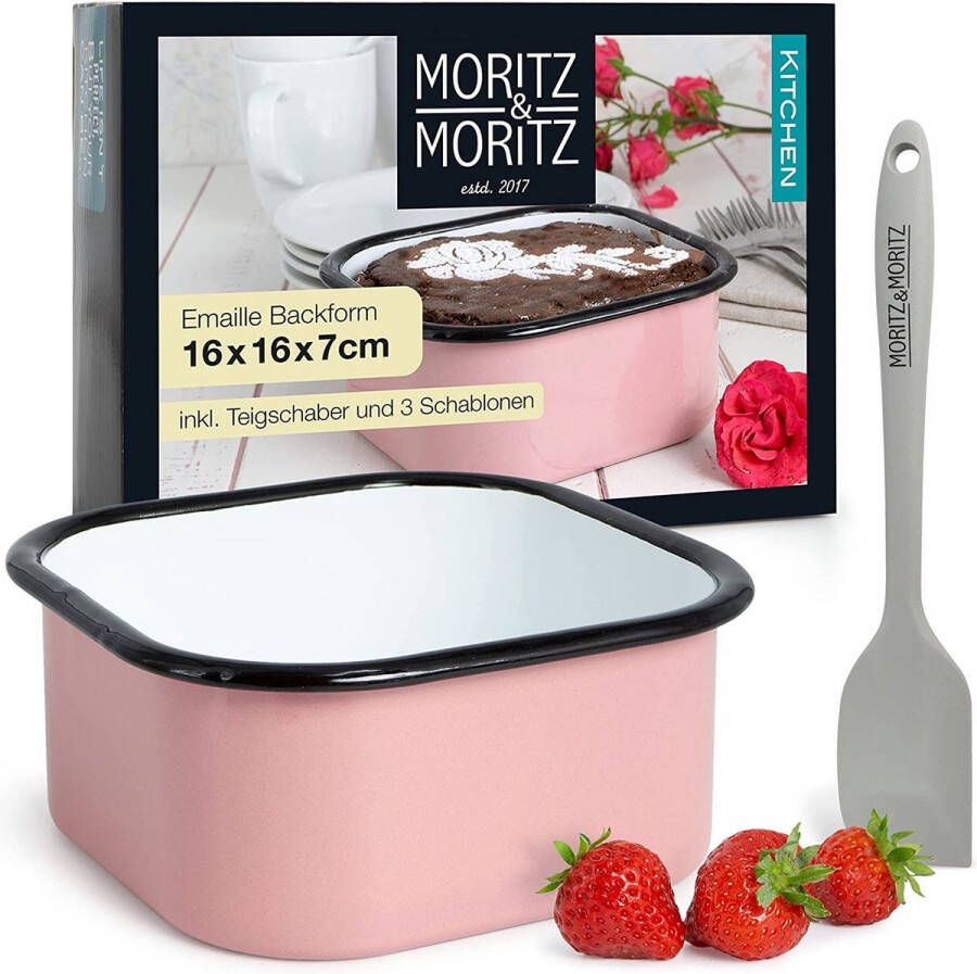 Moritz Moritz & Moritz Mini cakevorm vierkant 16 cm emaille kleine emaille bakvorm vierkant voor cake of lasagne incl. deegschraper 3 decoratieve sjablonen en receptenboekje