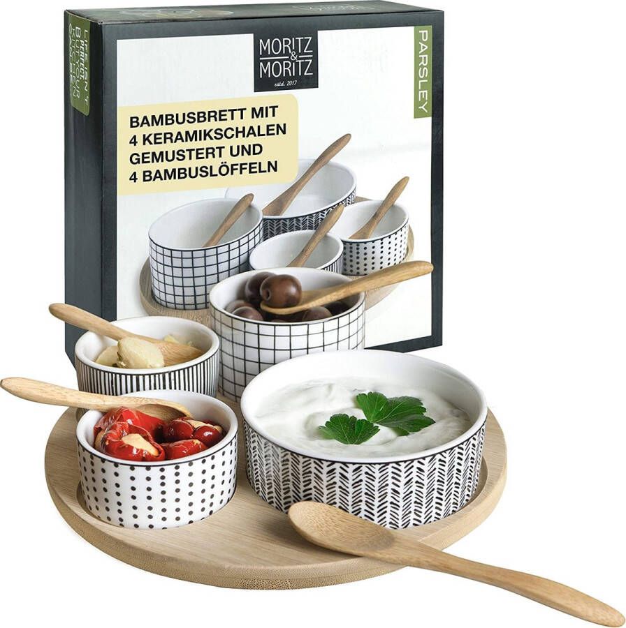 Moritz Moritz & Moritz Parsley 9-delige serveerset voor tapas snacks voorgerechten dips keramische schalen serveerdienblad lepel bamboe