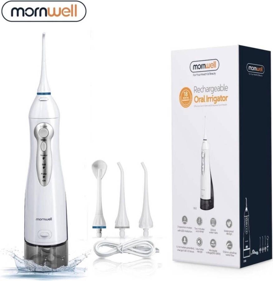 Mornwell D52S Draadloze Compacte Waterflosser van hoogstaande kwaliteit 5 Functionele tipjes Hydro-Pulse functie IPX7 Waterproof design Usb lader Auto timer 3 modes Low noise