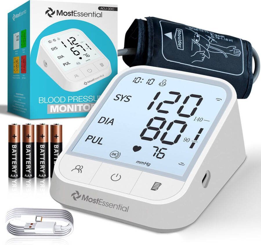 MostEssential Premium Bloeddrukmeter Bovenarm Hartslagmeter 198 Metingen Geheugen Inclusief USB-C Kabel 30C