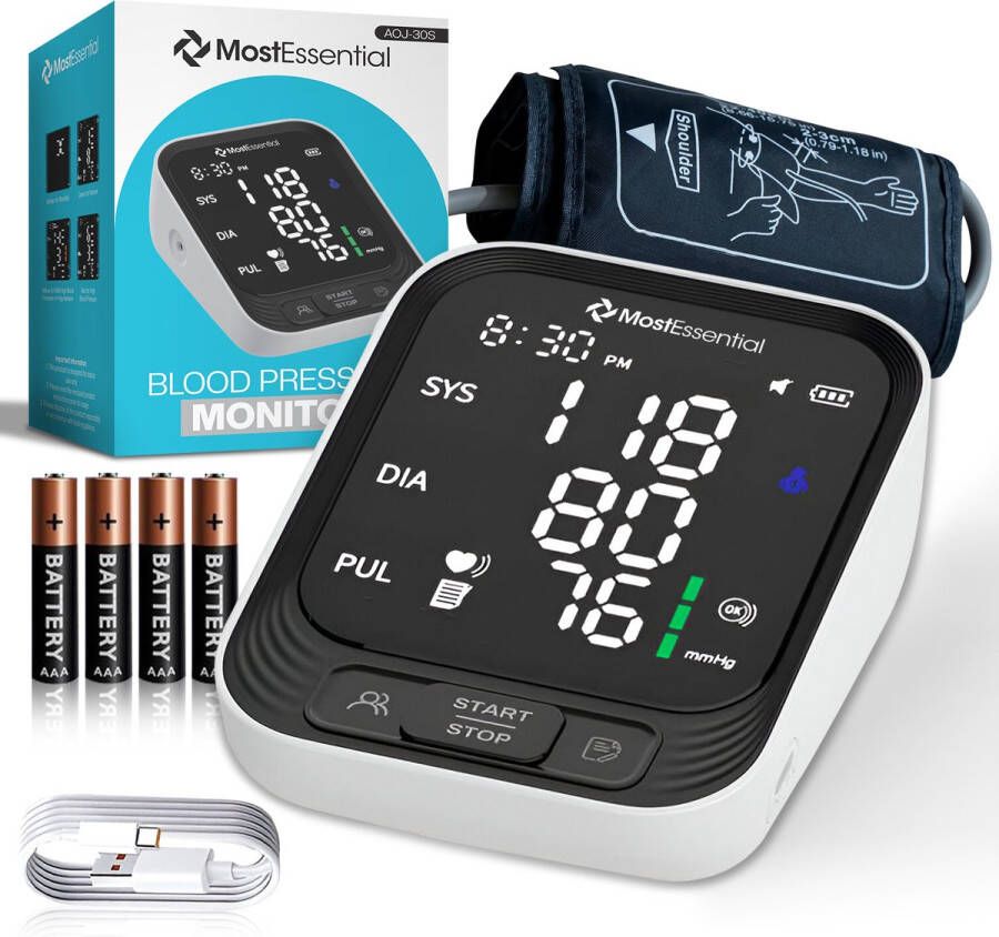 MostEssential Premium Bloeddrukmeter Bovenarm Hartslagmeter 398 Metingen Geheugen Inclusief USB-C Kabel 30S