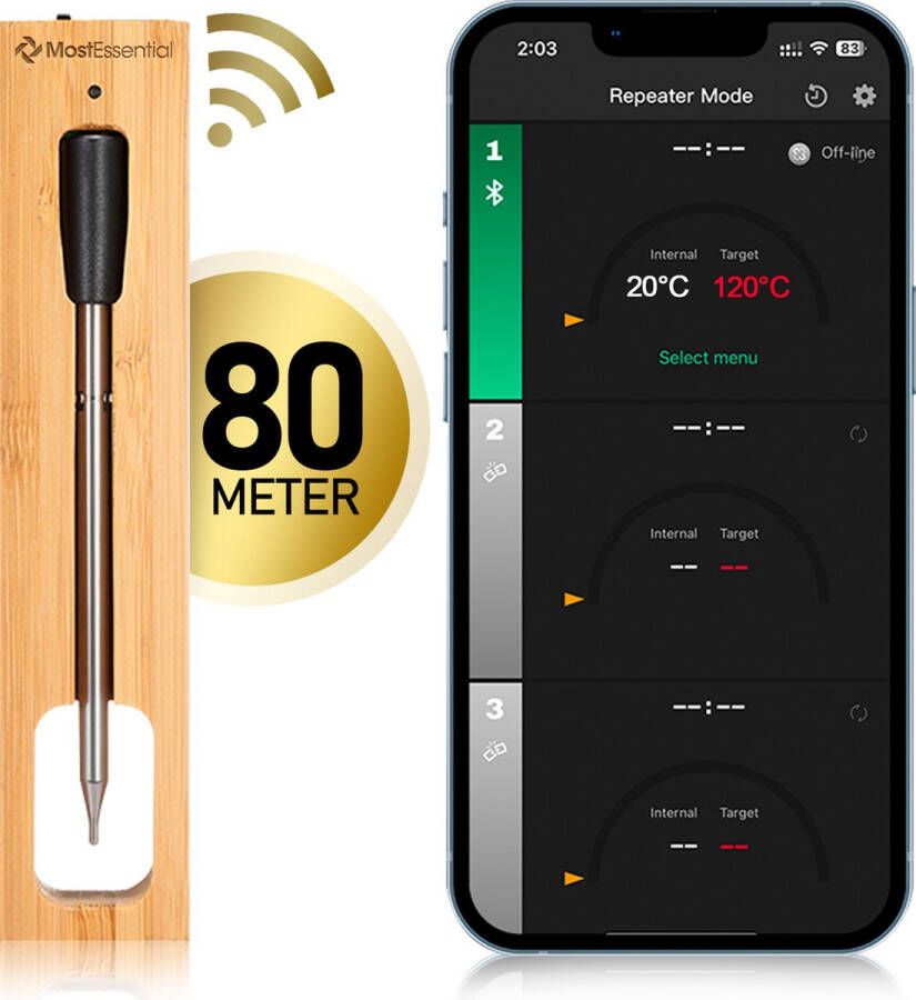 MostEssential Smart Vleesthermometer Draadloos 80M Bereik 36 Uur Werktijd Bluetooth 5.2 1000mAh Batterij Single Probe Edition