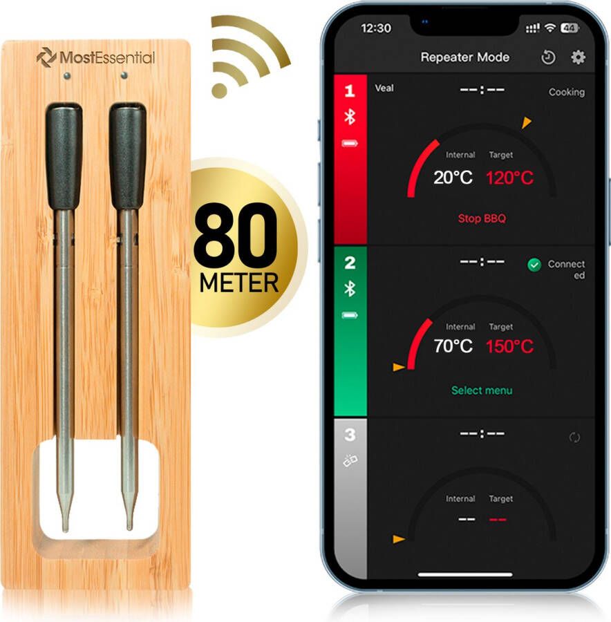 MostEssential Smart Vleesthermometer Draadloos 80M Bereik 36 Uur Werktijd Bluetooth 5.2 2000mAh Batterij Double Probe Edition