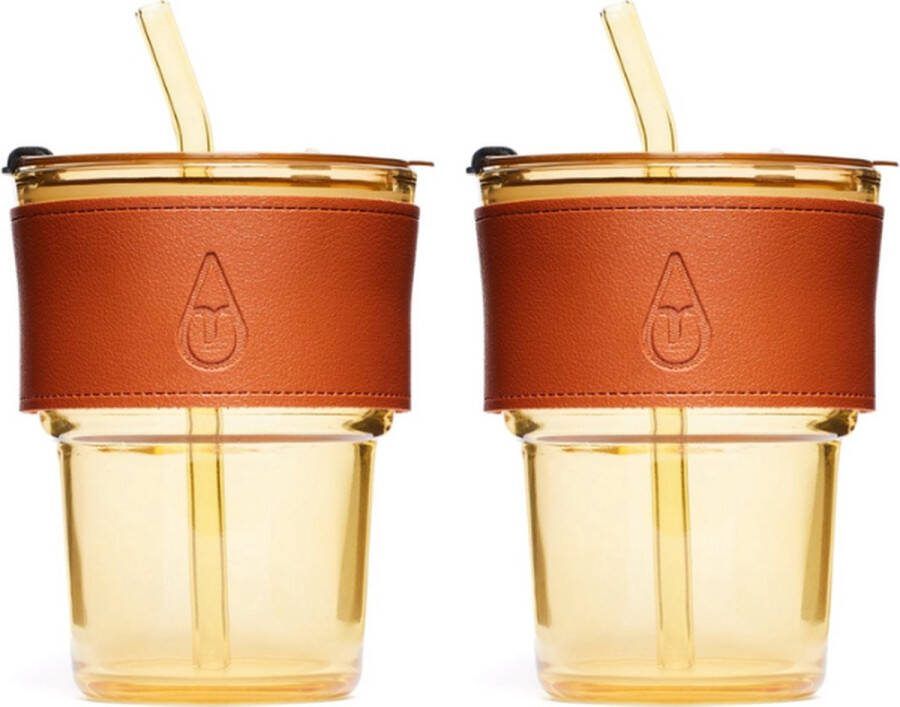 Motivai Drinkglas met deksel rietje en leren band 2 STUKS 400 ML Bruin Cocktailglazen Glazen beker met rietje Drinkglas met leren band Tumbler voor koffie cocktail smoothie Waterglas Zomer 2024