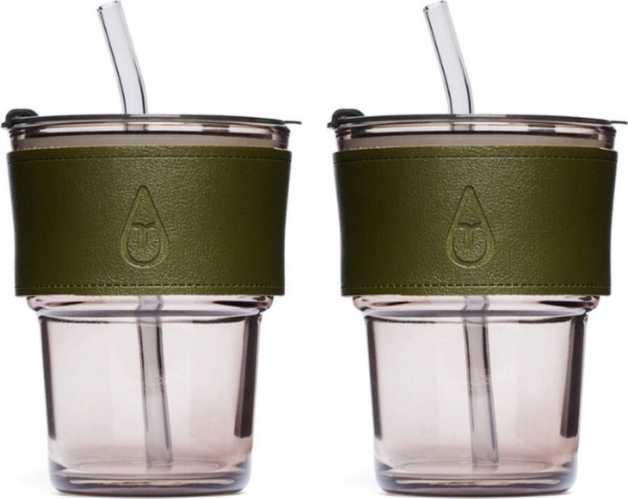 Motivai Drinkglas met deksel rietje en leren band 2 STUKS 400 ML Groen Cocktailglazen Glazen beker met rietje Drinkglas met leren band Tumbler voor koffie cocktail smoothie Waterglas Zomer 2024