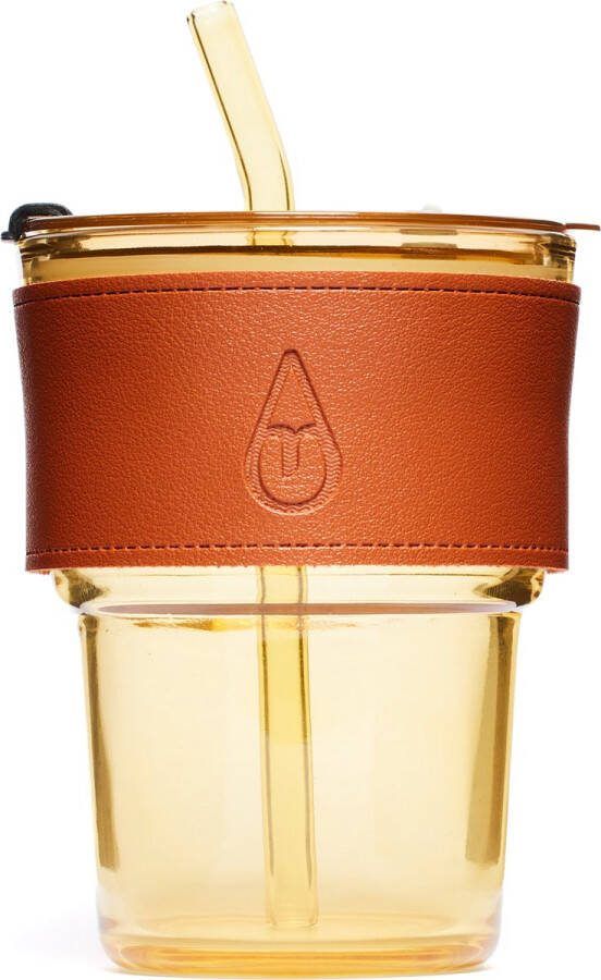 Motivai Drinkglas met deksel rietje en leren band 400 ML Bruin Cocktailglazen Glazen beker met rietje Drinkglas met leren band Tumbler voor koffie cocktail smoothie Waterglas Zomer 2024