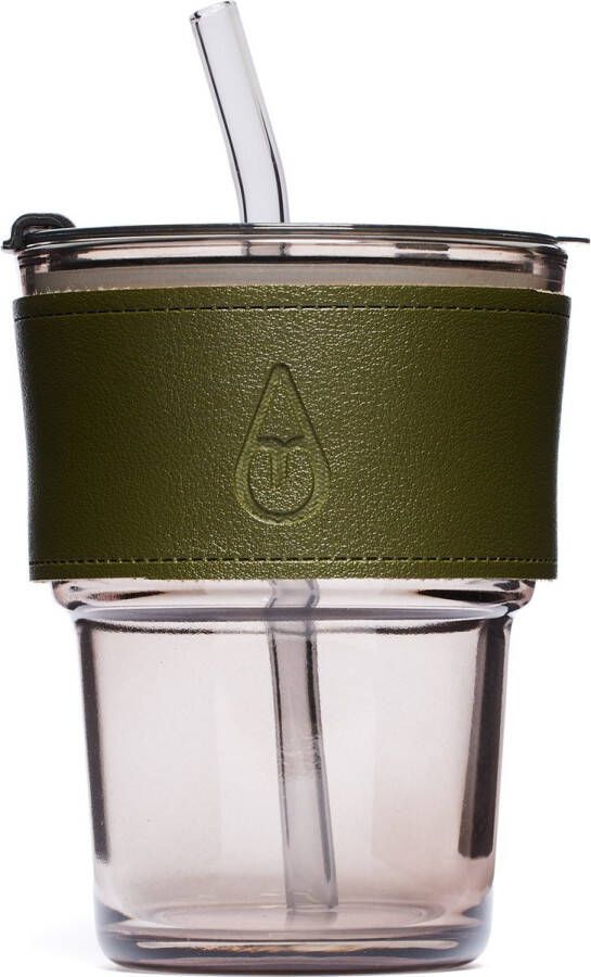 Motivai Drinkglas met deksel rietje en leren band 400 ML Groen Cocktailglazen Glazen beker met rietje Drinkglas met leren band Tumbler voor koffie cocktail smoothie Waterglas Zomer 2024