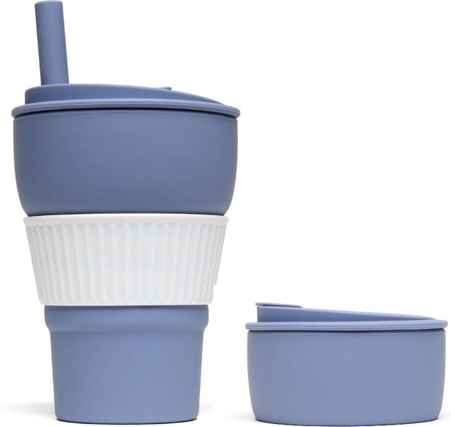 Motivai Opvouwbare beker met rietje Blauw To go 470 ML Siliconen cup Herbruikbaar Biggie Cup Pocket cup Koffie Theebeker Travel cup