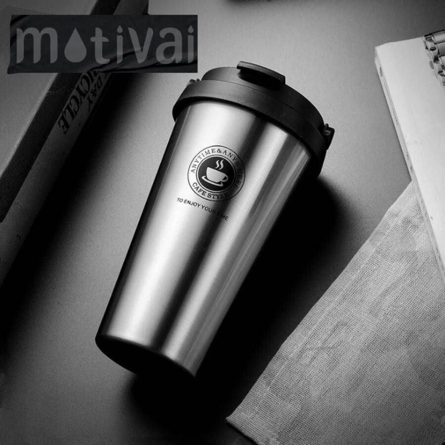 Motivai Outdoor Koffiebeker To Go Zilver 500ml Thermosbeker BPA vrij Theebeker Reisbeker Travel mug Lekvrij