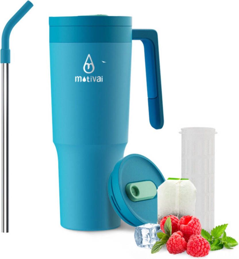 Motivai Travel Cup Blauw 40oz Thermosbeker met Handvat en Rietje Drinkfles Tumblr RVS beker Waterfles Travel cup Mug to go Thermosbeker Drinkbeker to go Thermosfles dubbelwandige vacuüm geïsoleerde koffiebeker