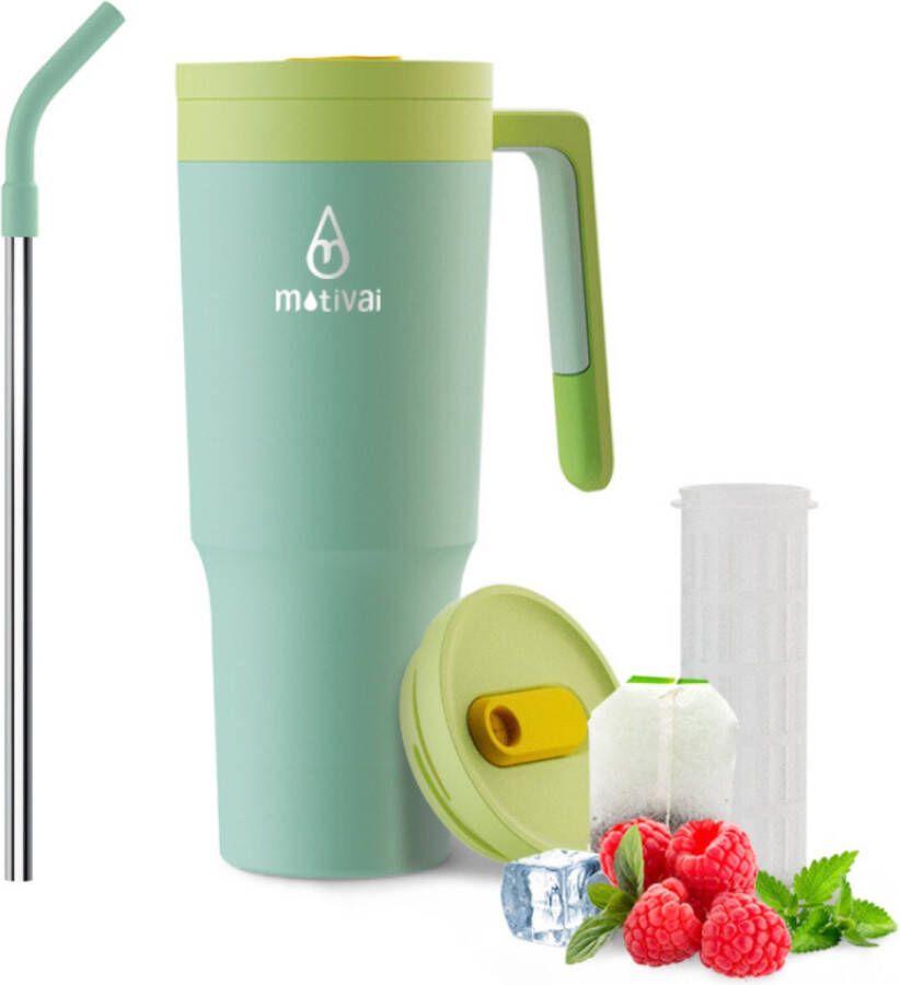 Motivai Travel Cup Mint Groen 40oz Thermosbeker met Handvat en Rietje Drinkfles Tumblr RVS beker Waterfles Travel cup Mug to go Thermosbeker Drinkbeker to go Thermosfles dubbelwandige vacuüm geïsoleerde koffiebeker