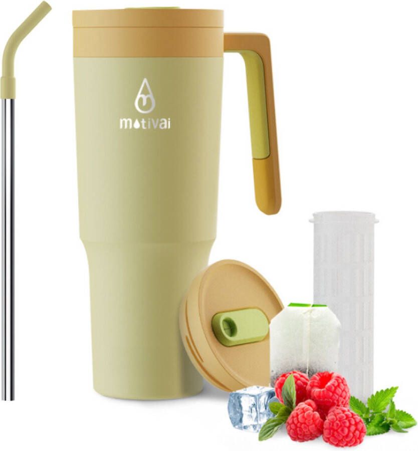 Motivai Travel Cup Zand Geel 40oz Thermosbeker met Handvat en Rietje Drinkfles Tumblr RVS beker Waterfles Travel cup Mug to go Thermosbeker Drinkbeker to go Thermosfles dubbelwandige vacuüm geïsoleerde koffiebeker