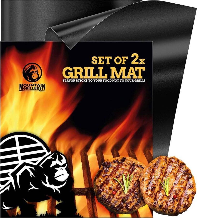Mountain grillers BBQ-grillmat set van 2 anti-aanbak- vuurvaste bakmatten voor gasgrill en houtskoolgrill herbruikbare grillaccessoires onderhoudsvriendelijk en vaatwasmachinebestendig