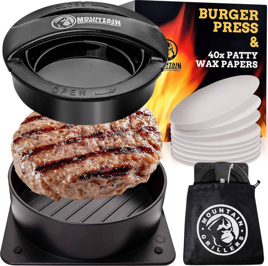 Mountain grillers burgerpers Patty Maker handige antiaanbakvorm met 40 stuks bakpapier voor perfecte burgers pasteitjes of gehaktballen