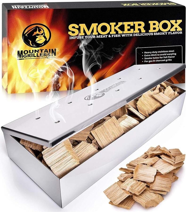 Mountain grillers Rookbox voor houtsnippers Gebruik een gas- of houtskoolbarbecue en krijg toch die heerlijke rokerige barbecue Gegrild vlees met smaak Scharnierend deksel voor gemakkelijke toegang Gepolijste afwerking roestvrij staal