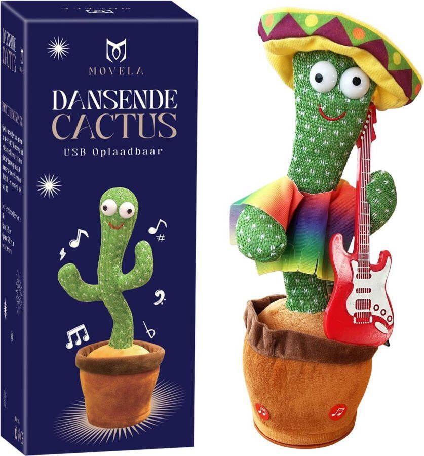 Movela Dansende Cactus Mexicaan Talking Cactus 32CM Oplaadbaar Pratende Cactus Interactieve knuffel Zingende cactus Met Volumeknop USB opladen Baby speelgoed Inclusief Outfit en Gitaar 120 Tiktok Liedjes