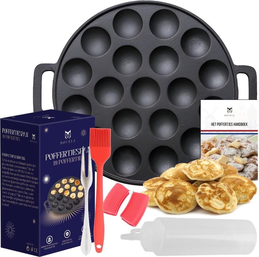 Movela Poffertjespan Set 19 Poffertjes Poffertjesmaker Poffertjespan Inductie en Electrisch Poffertjes Maken Gietijzeren Pan Spuitfles Siliconen Handvaten Inc receptenboek