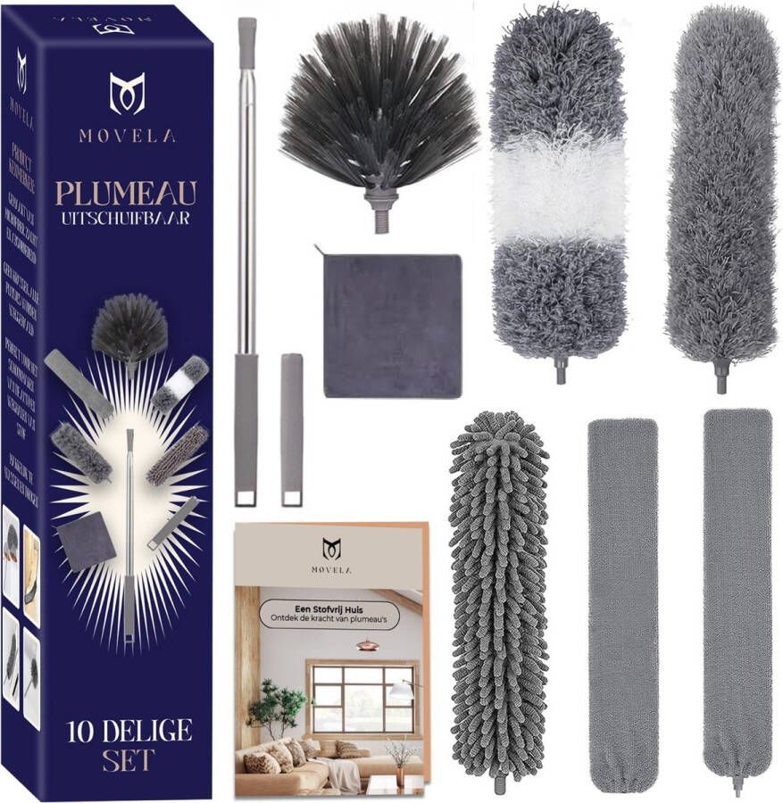 Movela Telescopische Plumeau Microvezel Ragebol Uitschuifbaar Verstelbare Telescoopsteel 10-Delige Schoonmaak Set Plumeau Tot 250 cm Stoffer Duster Wasbaar Boekje met schoonmaaktips