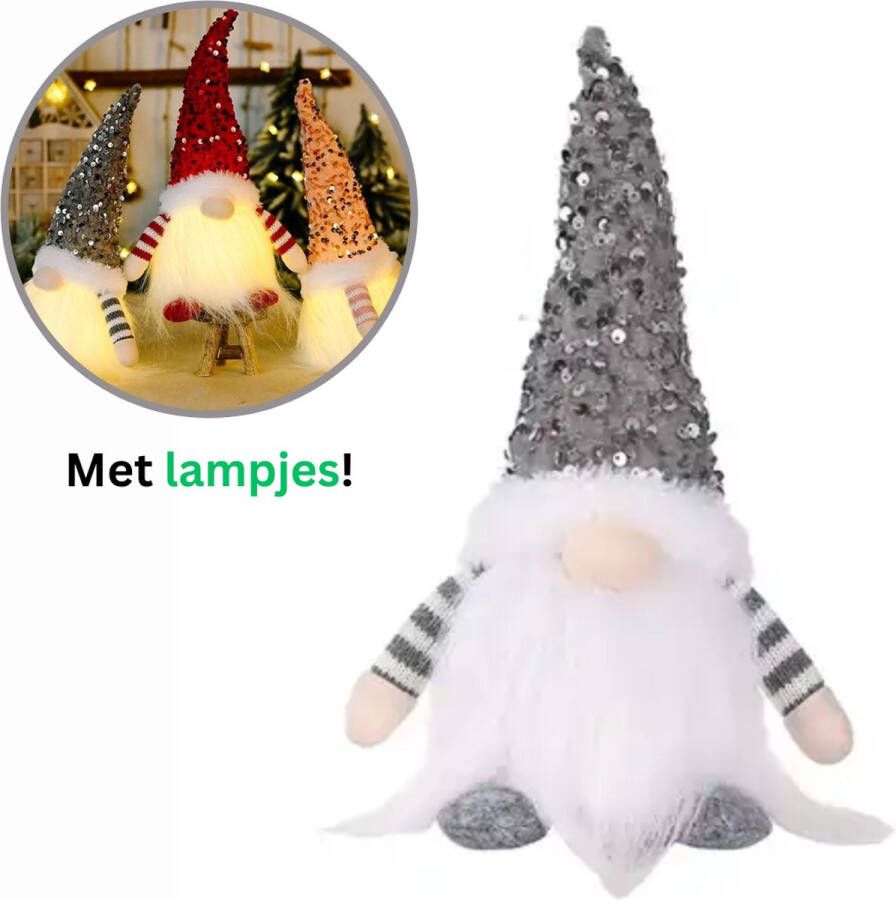 MOZY Kerst Gnoom Grijs Zilver met Verlichting 30 cm Glitter Pailletten Gnome Gnomen Kerstversiering Kerst Decoratie Kerstboom Versiering