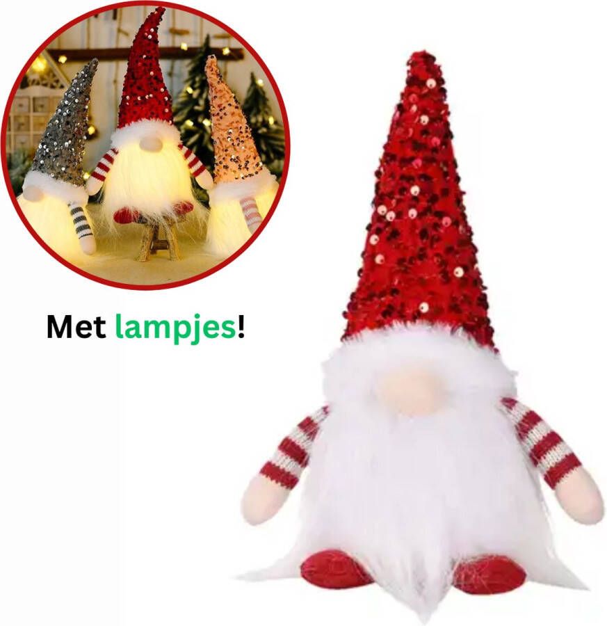 MOZY Kerst Gnoom Rood met Verlichting 30 cm Glitter Pailletten Gnome Gnomen Kerstversiering Kerst Decoratie Kerstboom Versiering
