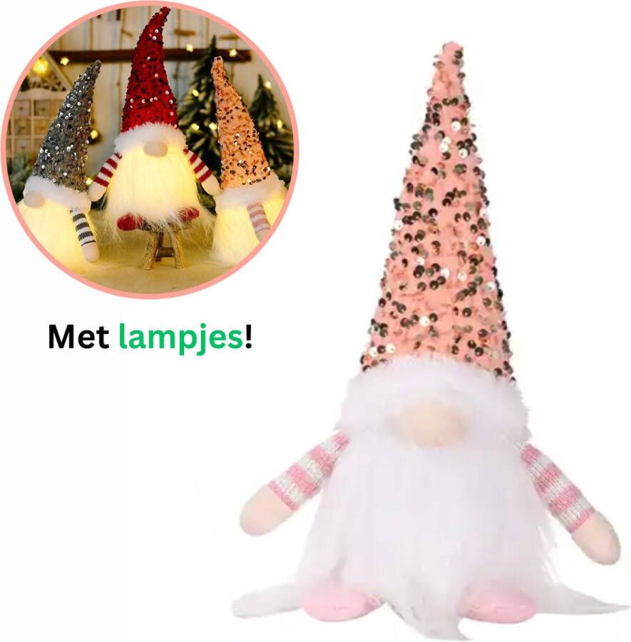 MOZY Kerst Gnoom Roze met Verlichting 30 cm Glitter Pailletten Gnome Gnomen Kerstversiering Kerst Decoratie Kerstboom Versiering