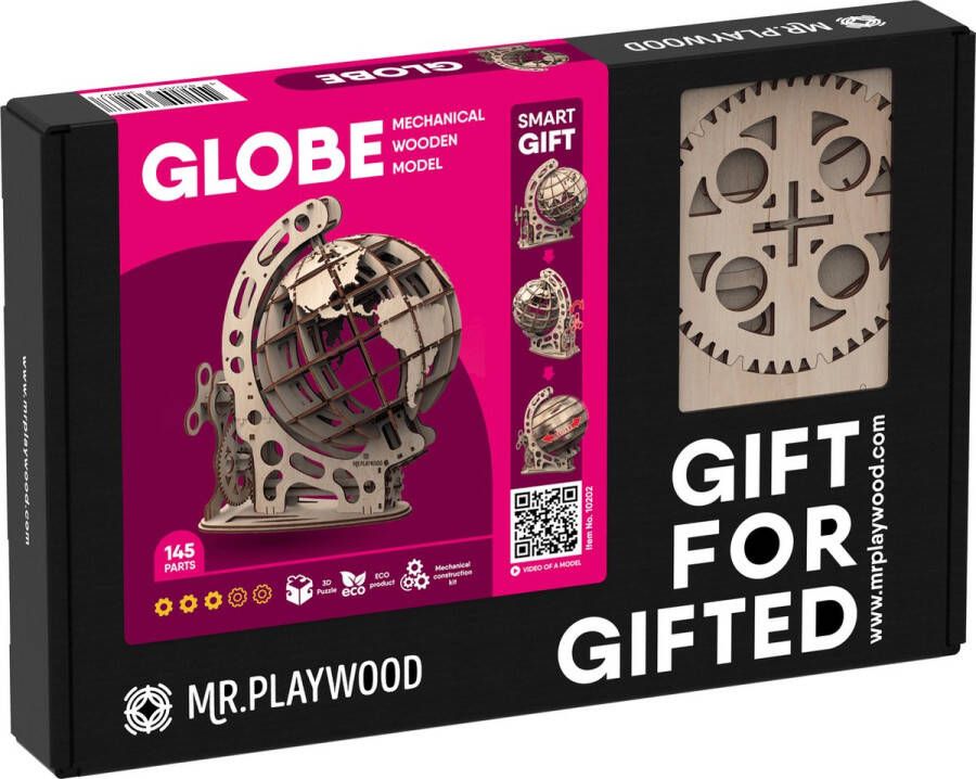 Mr. PlayWood Globe 3D houten puzzel Bouwpakket hout DIY Knutselen Miniatuur 145 onderdelen