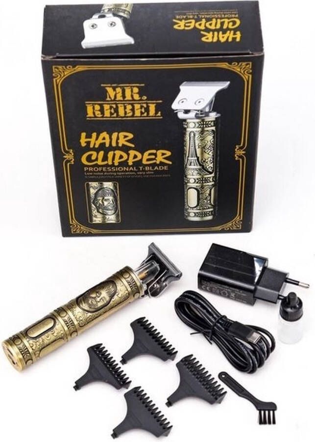 Mr. Rebel MR.REBEL Hair Clipper Professional T-Blade Tondeuse baardtrimmer USB-oplaadbaar snoerloze elektrische kapsalon T-Blade trimmer voor mannen goud -0 1 2 3- 4 mm