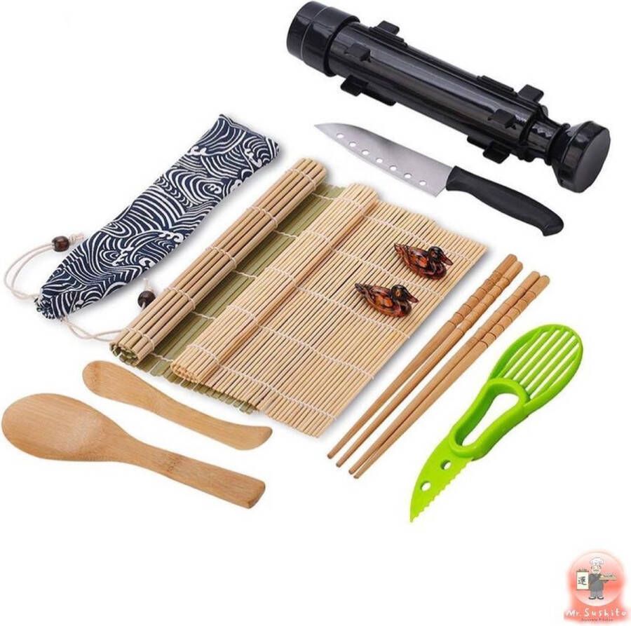 Mr. Sushito Natural Black Bazooka set Sushi set Incl. 2 paar Mr. Sushito Sticks Sushi maker Bamboo Rol Milieuvriendelijk Sushi Go