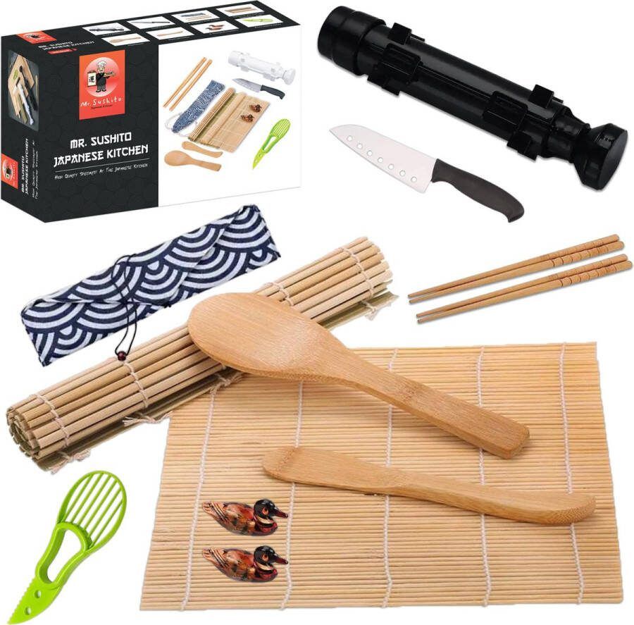 Mr. Sushito Natural Black Bazooka set Sushi set Incl. 2 paar Sticks Sushi maker Sushi Servies 4 persoons Bamboematten
