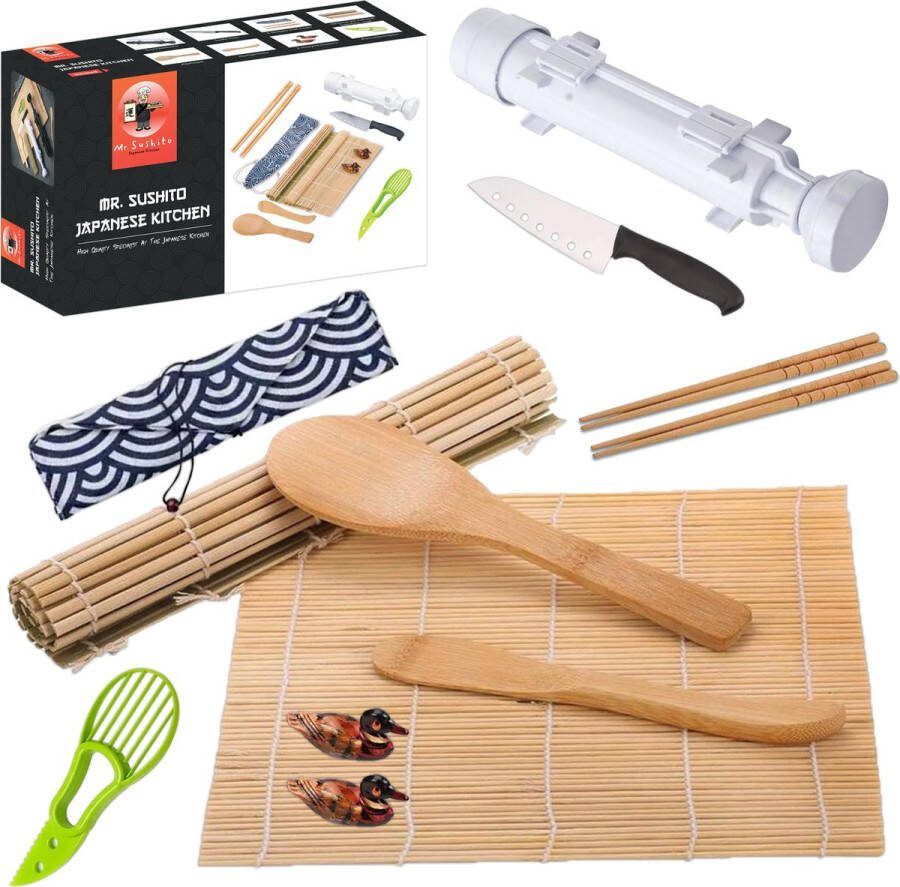 Mr. Sushito Natural White Bazooka set Sushi set Incl. 2 paar Sticks Sushi maker Sushi Servies 4 persoons Bamboematten
