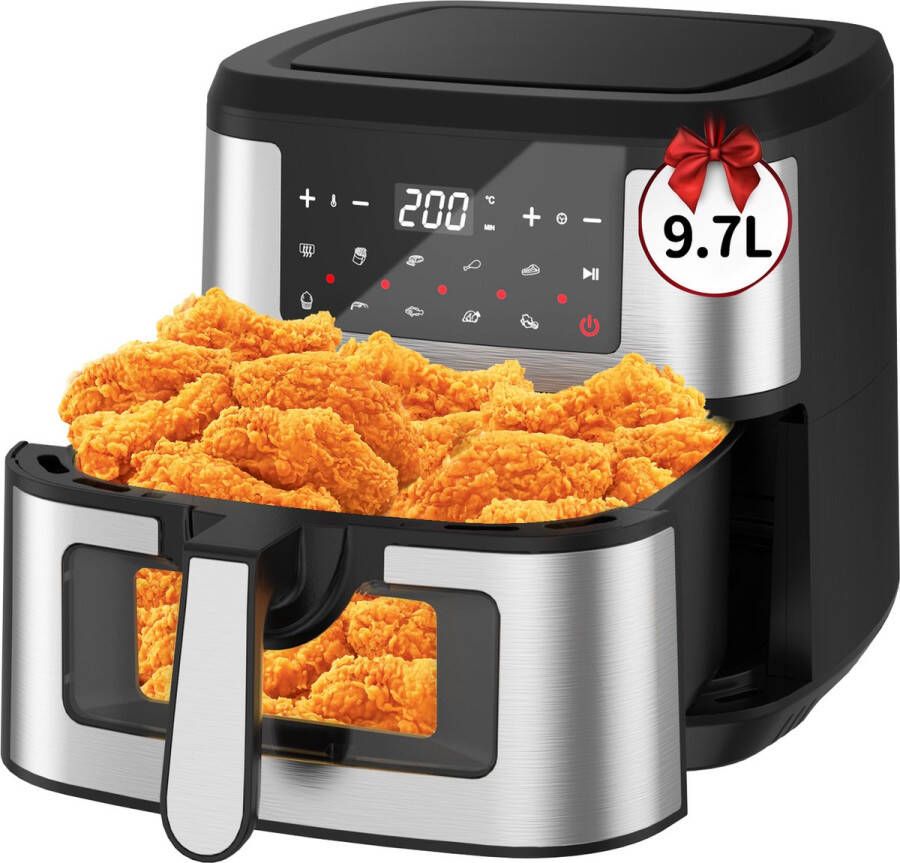 Mrekloss Heteluchtfriteuse Air Fryer 9.7L Zichtbaar venster 12 programma's Frituren zonder vet bakken grillen braden BPA-vrij Led touchscreen Antiaanbaklaag 1600 W Compacte luchtfriteuse Zwart