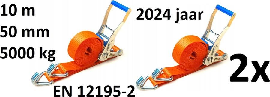 MRIJA TRUCK 2 xComplete transportband spanband met ratel Totale lengte: 10 meter Breedte: 50 mm Lengte riem: 9 5 m Lengte spanner: 0 5 m Norm: EN 12195-2 Sterkte: 5000 kg Oranje kleur iedatum 2024. GS-markering door het TÜV Rheinland-laboratorium