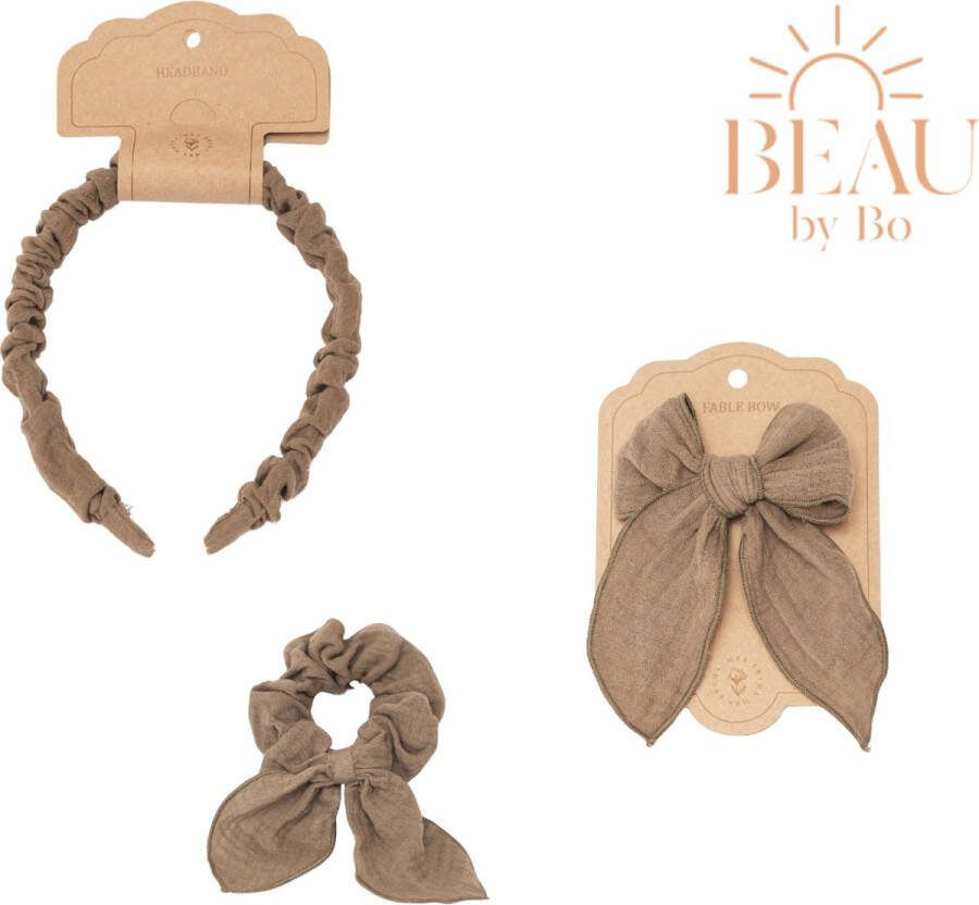 Mrs Ertha BEAU by Bo Haaraccessoires Haarband + Scrunchie + Clip met strik Olive