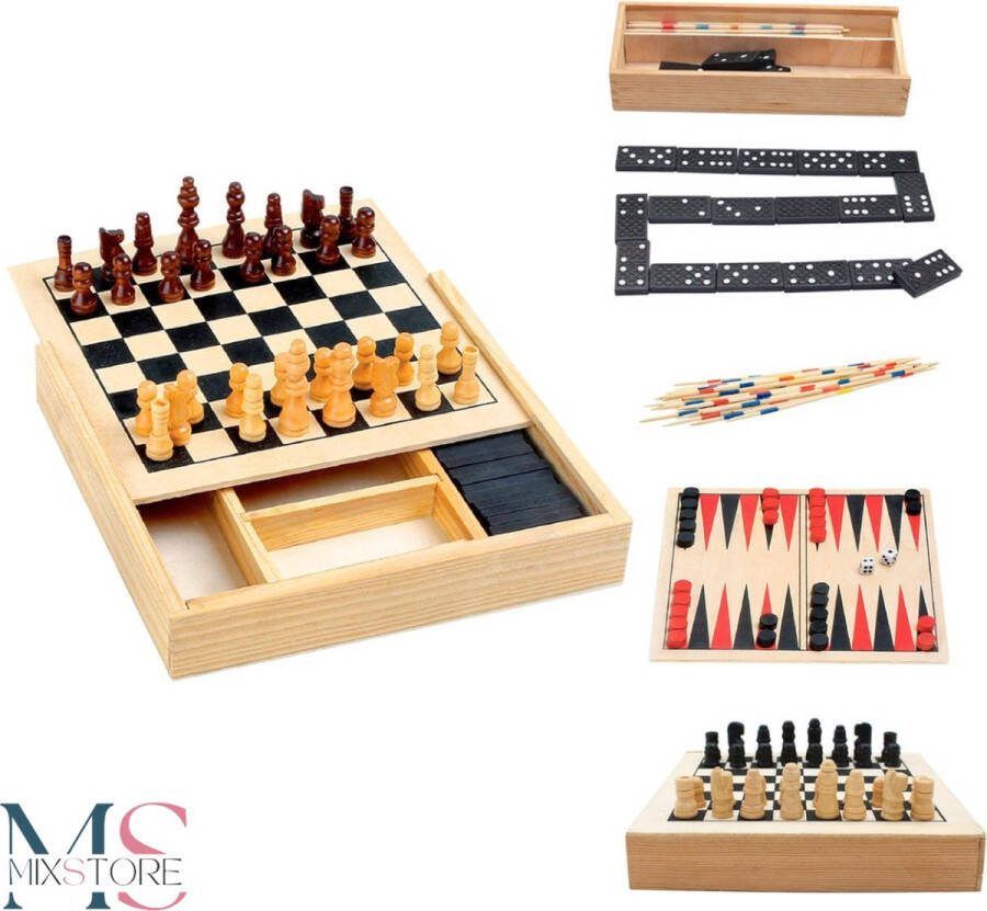MS MixStore 4-in-1 Houten Spellendoos Bordspel Set Backgammon Mikado Domino Schaken