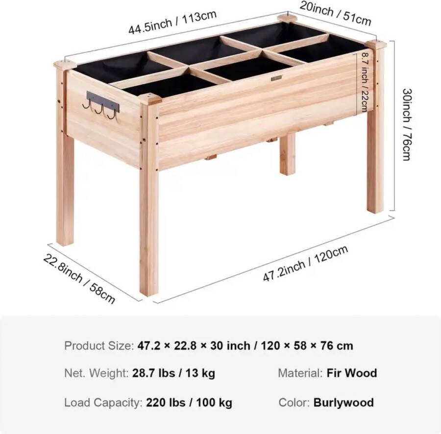 MS Verhoogde plantenbak met 6 vakken Kweektafel Op poten Met plank Hout LxBXH: 120 x 58 x 76