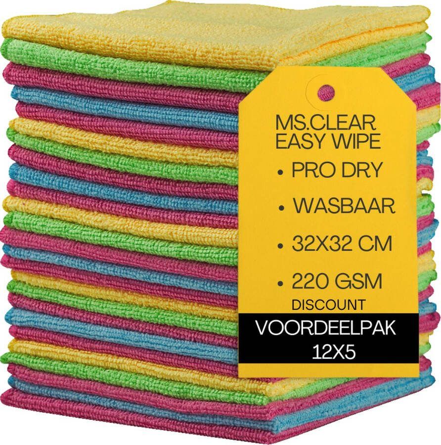Ms.Clear EasyWipe Microvezeldoekjes Set van 12x5 Schoonmaakdoekjes 32x32cm Wasbaar 220gsm De meest Veelzijdige en Efficiënte poetsdoeken