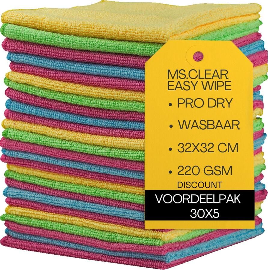Ms.Clear EasyWipe Microvezeldoekjes Set van 30x5 Schoonmaakdoekjes 32x32cm Wasbaar 220gsm De meest Veelzijdige en Efficiënte poetsdoeken