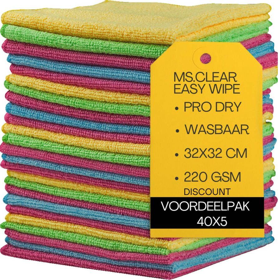 Ms.Clear EasyWipe Microvezeldoekjes Set van 40x5 Schoonmaakdoekjes 32x32cm Wasbaar 220gsm De meest Veelzijdige en Efficiënte poetsdoeken