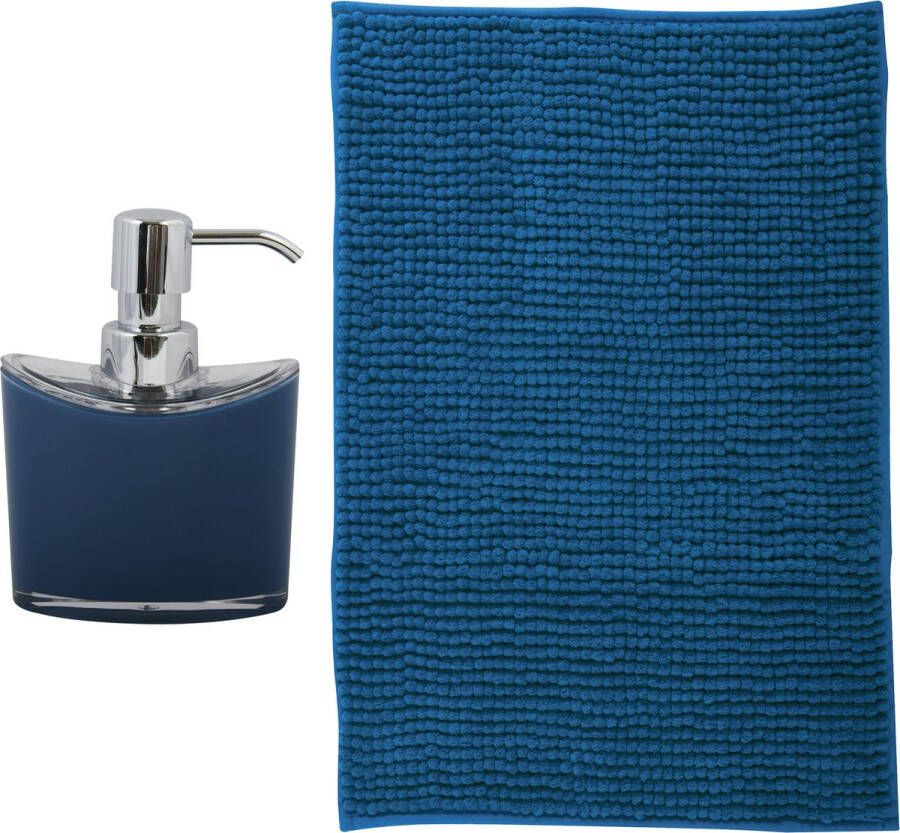 MSV badkamer droogloop mat Bolzano 40 x 60 cm met bijpassende kleur zeeppompje donkerblauw