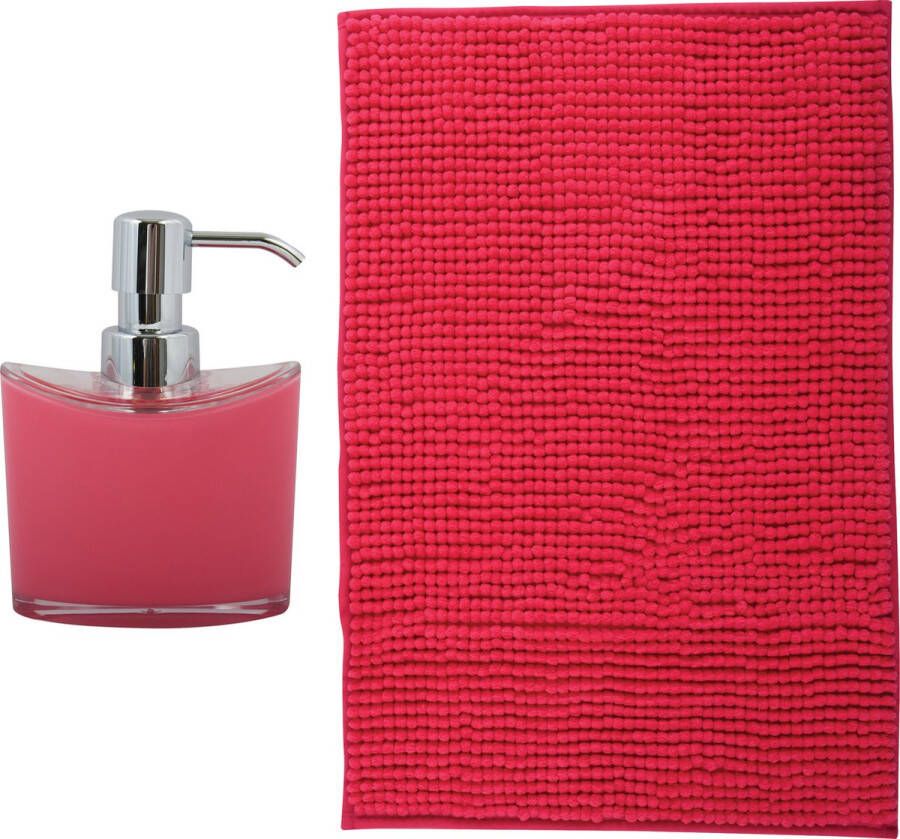 MSV badkamer droogloop mat Bolzano 40 x 60 cm met bijpassende kleur zeeppompje fuchsia roze