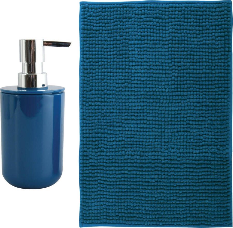 MSV badkamer droogloop mat Genua 50 x 80 cm met bijpassende kleur zeeppompje donkerblauw
