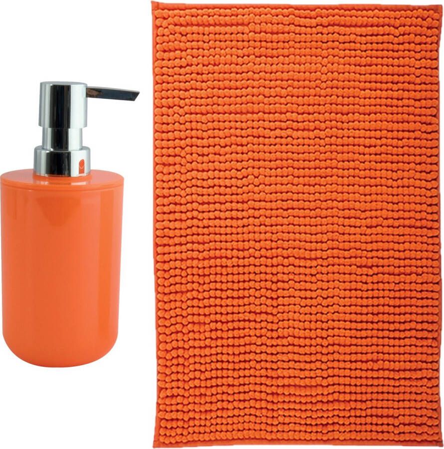 MSV badkamer droogloop mat Genua 50 x 80 cm met bijpassende kleur zeeppompje oranje