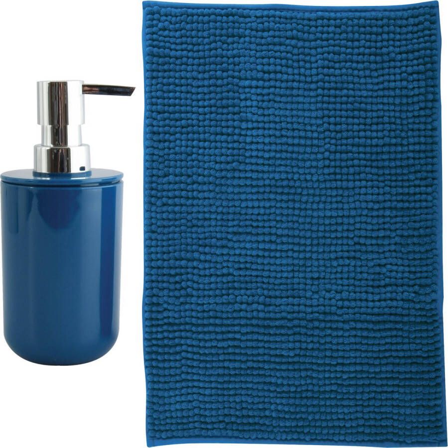 MSV badkamer droogloop mat Milano 40 x 60 cm met bijpassende kleur zeeppompje donkerblauw