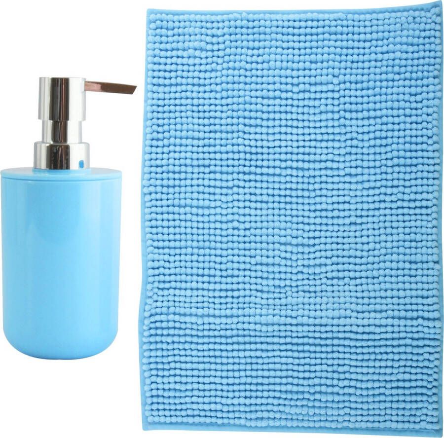 MSV badkamer droogloop mat Milano 40 x 60 cm met bijpassende kleur zeeppompje lichtblauw