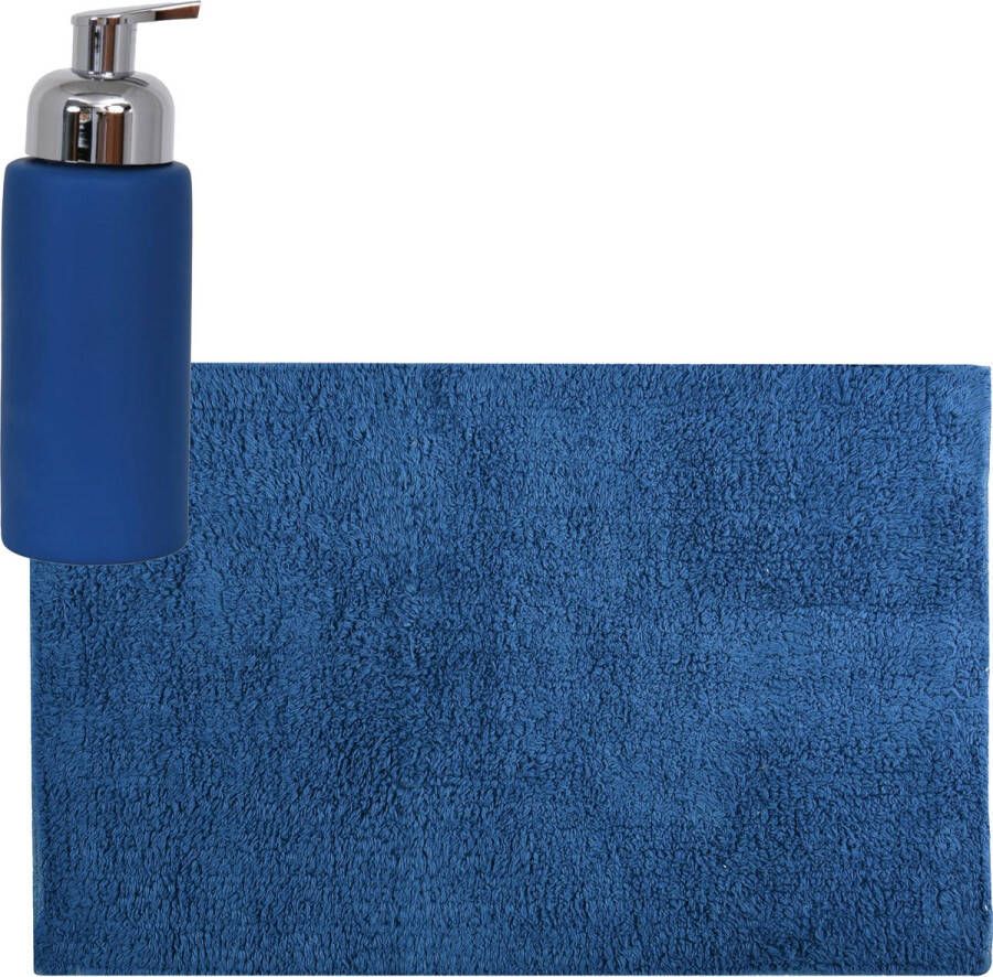 MSV badkamer droogloop mat tapijt 40 x 60 cm met zelfde kleur zeeppompje 250 ml donkerblauw