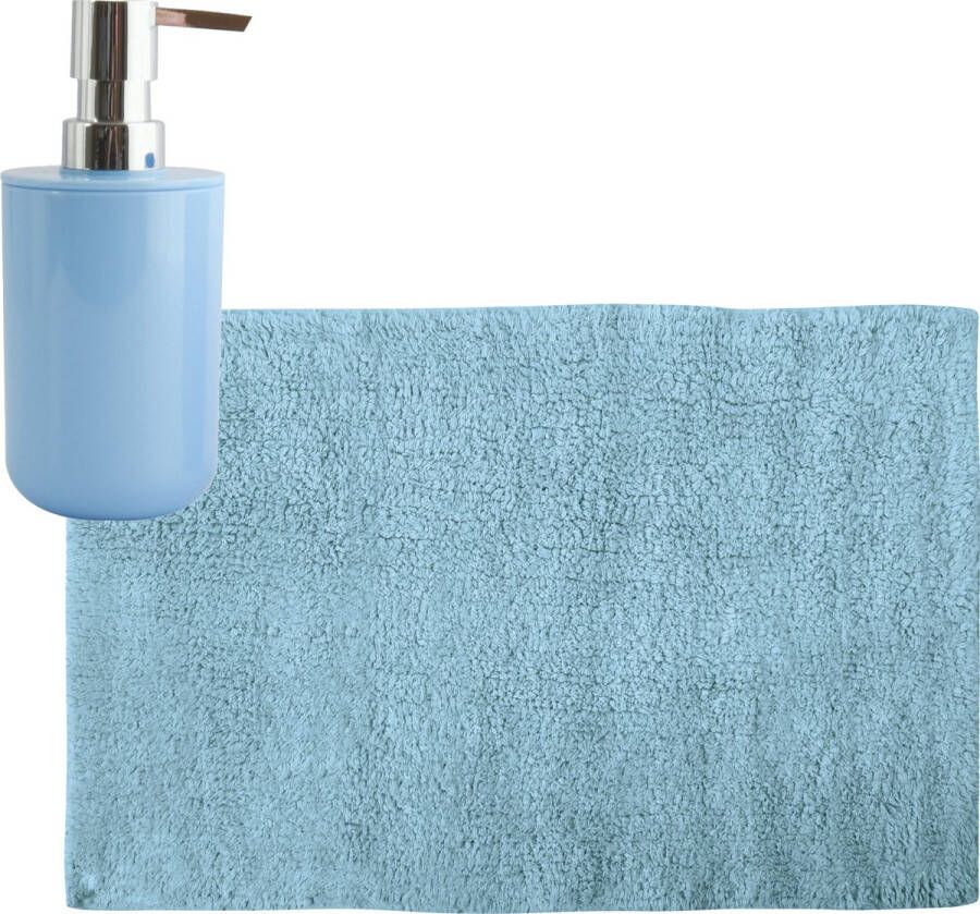MSV badkamer droogloop mat tapijt 40 x 60 cm met zelfde kleur zeeppompje 260 ml lichtblauw