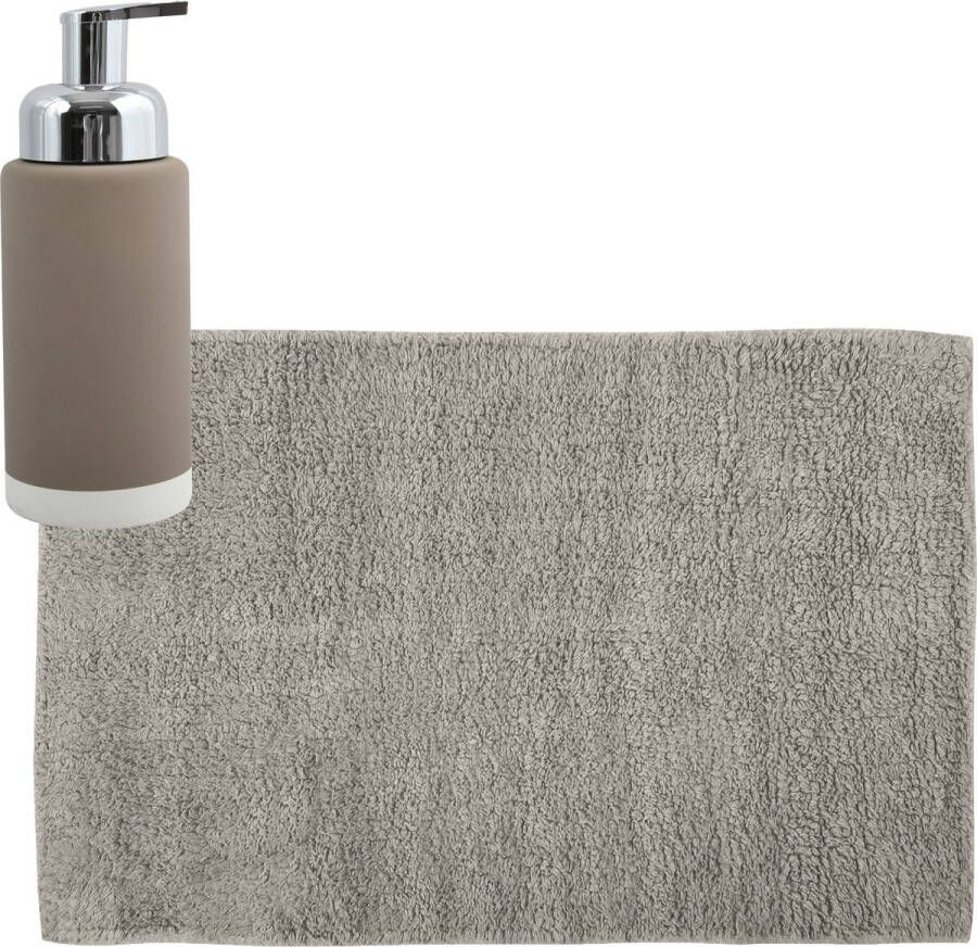 MSV badkamer droogloop mat tapijt 40 x 60 cm met zelfde kleur zeeppompje 275 ml beige