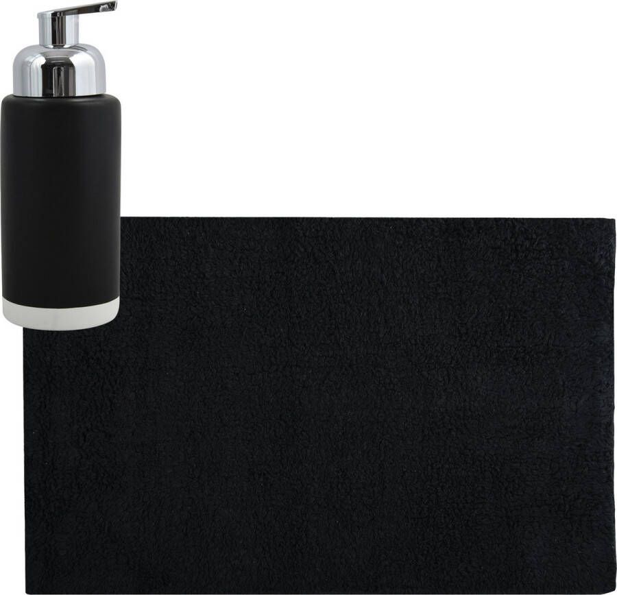 MSV badkamer droogloop mat tapijt 40 x 60 cm met zelfde kleur zeeppompje 275 ml zwart