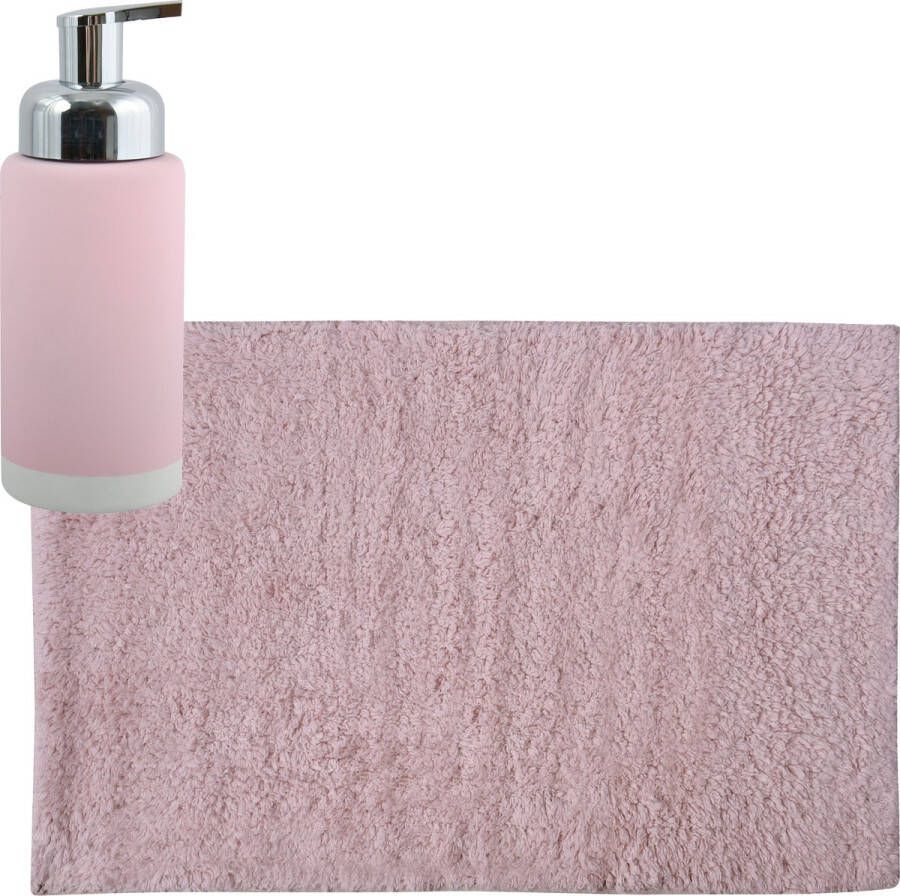 MSV badkamer droogloop mat tapijt 40 x 60 cm met zelfde kleur zeeppompje 300 ml lichtroze